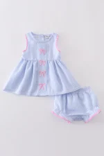 Blue striped seersucker bow embroidery girl bloomers set