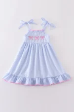Blue striped seersucker bow embroidery girl dress