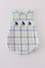 Green seersucker sailboat embroidery smocked bubble