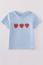 Blue strawberry embroidery boy top