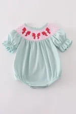 Blue bow pearl smocked bubble