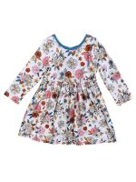 Autumn Blooms Blue Trim Long Sleeve Girls Dress