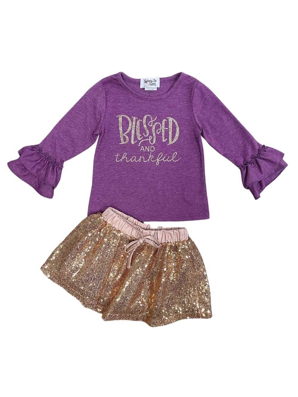 Blessed & Thankful Purple Gold Sequin Ruffle Girls Skirt Outfit - Image 1