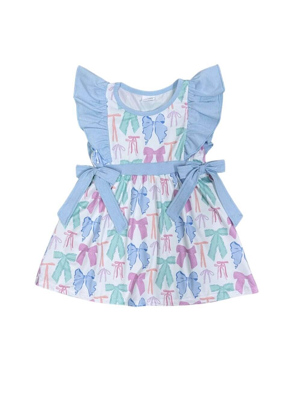 Bowtastic Coquette Bows Light Blue Ruffle Trim Girls Dress - Image 1