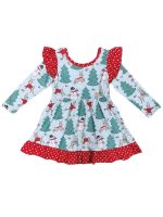 Christmas Dreams Reindeer & Snowman Ruffle Trim Girls Dress