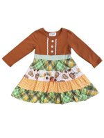 Fall Day Girls Plaid Trim Long Sleeve Dress