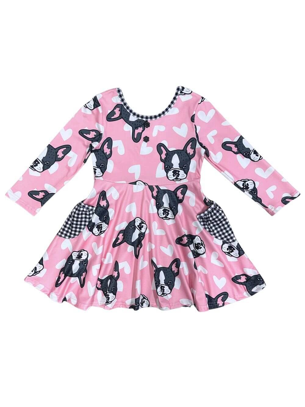 French Kiss Bulldog Pink Heart Pocket Girls Skater Dress - Image 1