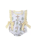 He Lives Yellow Bow Ruffle Trim Girls Easter Baby Bubble Romper