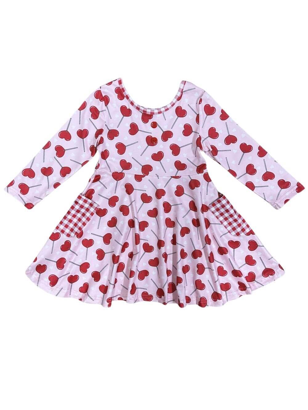 Heart Sucker For You Gingham Pocket Pink Girls Skater Dress - Image 1