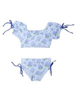 Lavender Bouquet Girls Puff Sleeve 2 Piece Swimsuit
