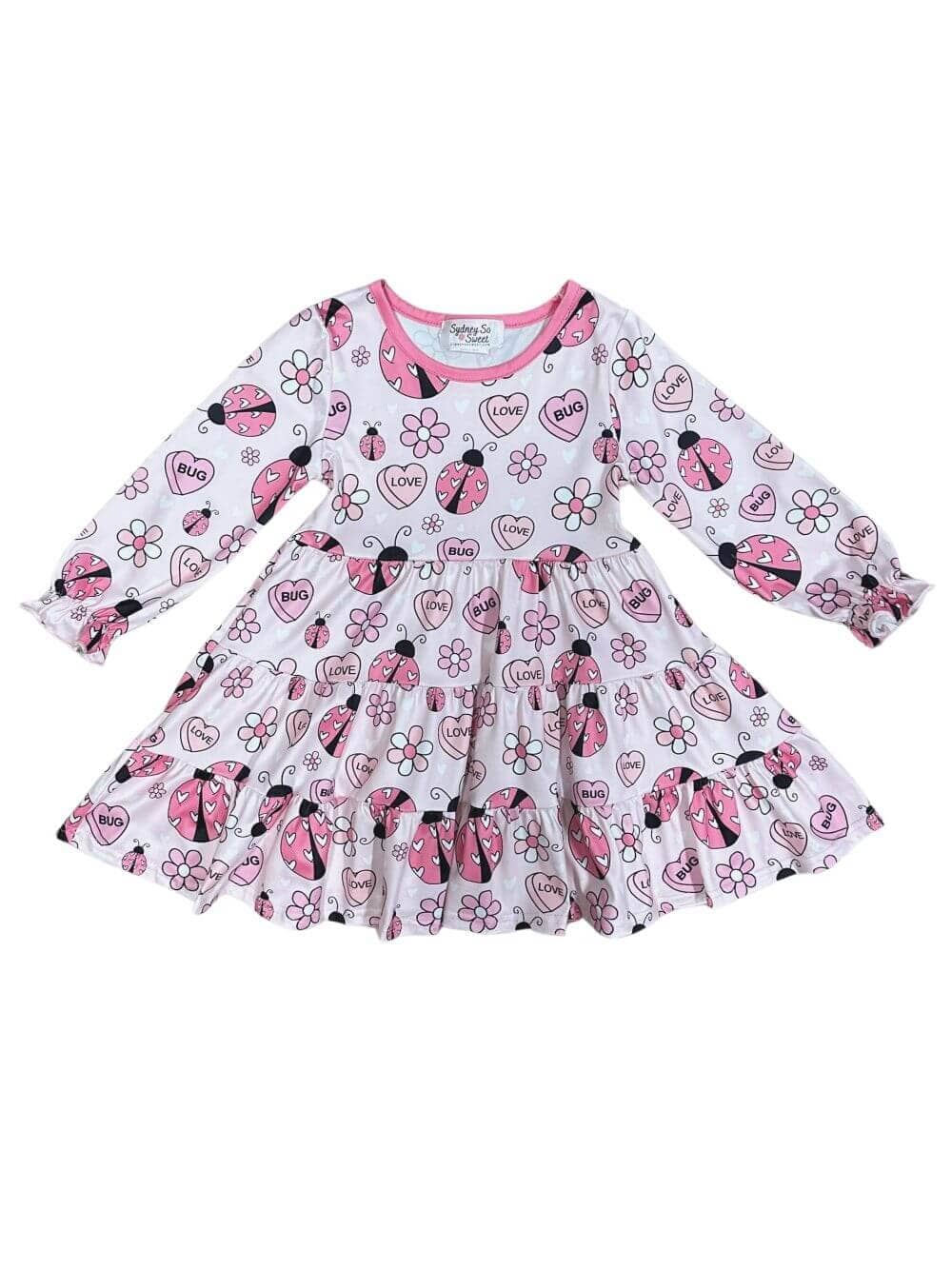 Love Bug Ladybug Pink Floral Ruffle Valentine's Day Girls Dress - Image 1