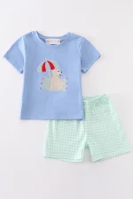 Blue beach puppy embroidery boy set