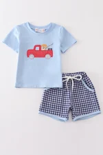 Blue fishing puppy applique boy set