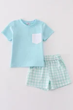 Blue gingham boy shorts set
