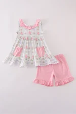Tea floral bow ruffle shorts set