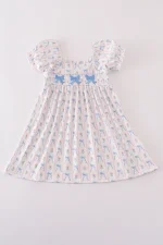 Blue bow embroidery smocked dress