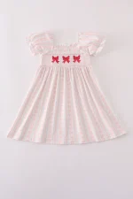 Pink bow embroidery smocked dress
