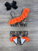 Oh Deer Camo & Orange Ruffle Girls 2 Piece Swimsuit