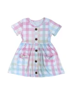 Pastel Plaid Girls Short Sleeve Pocket Dress