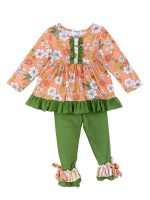 Peach & Green Retro Floral Girls Ruffle Trim Outfit