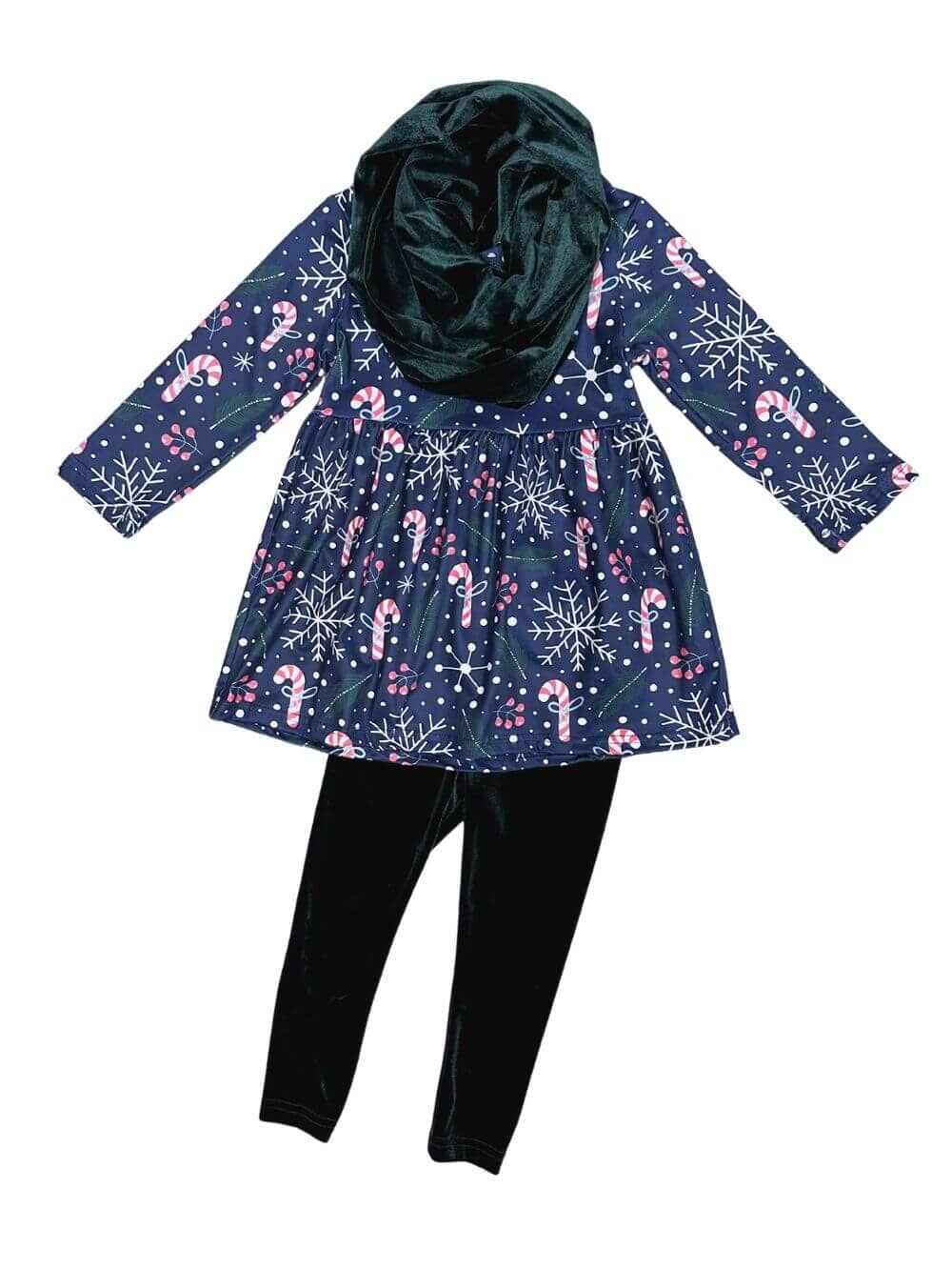 Peppermint Kisses Blue & Green Velvet Candy Cane Girls Scarf Outfit - Image 1