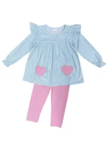 Pretty in Pink & Blue Girls Long Sleeve Heart Tunic Leggings Outfit