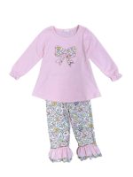 Retro Pink Floral Girls Long Sleeve Bow Top & Pants Outfit
