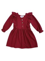 Rusty Red Waffle Knit Girls Ruffle Trim Long Sleeve Dress