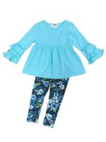 Winter Floral Light Blue Ruffle Sleeve Top & Leggings Outfit