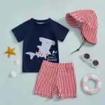 Lioraitiin Toddler Baby Boy Swimsuit Set Shark Print Short Sleeve Rash Guard Swim Tops Shorts Sun Hat 3Pcs Bathing Suit Outfit - Image 2