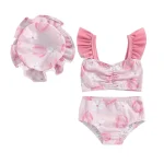 Toddler Baby Girls Summer Swimsuit Floral Print Fly Sleeve Tankini Tops Swim Shorts Swim Cap 3 Pieces Bathing Suit Beach Bikini - Image 3