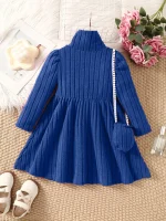 Girls' dress with soft texture fabric, high neck dress, small bag accessories, long sleeved dress, worn by 4-7 years old - Image 6