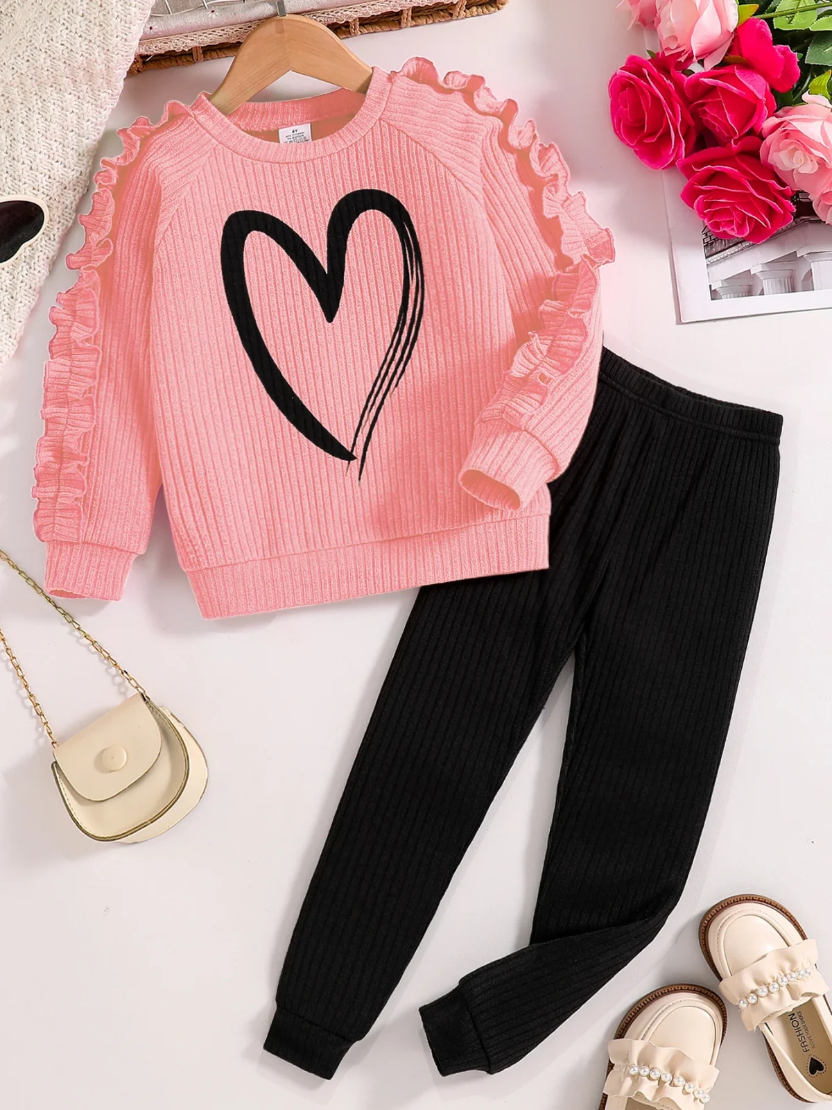 Spring and Autumn children fashion sports set girls sweater + casual pants two-piece girls cartoon heart printed clothing - Image 9