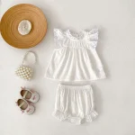 New summer baby clothes for 0-3 years old, fresh and sweet baby girl with flying sleeves and lace top + cute ruffled shorts - Image 3