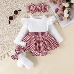 2PCS In Autumn, Baby Girls Aged 0-1 Years Old Have Comfortable Sweet And Cute Black Top + Houndstooth Skirt + Hair Band - Image 8