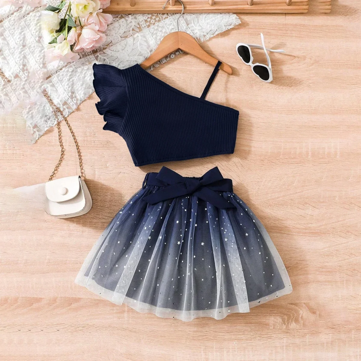 Sweet Girls Clothes Set 3-8 Yrs Off Shoulder Top and Star Sequin Skirt Summer Outfits Children's Causal Birthday Clothing Suit - Image 1