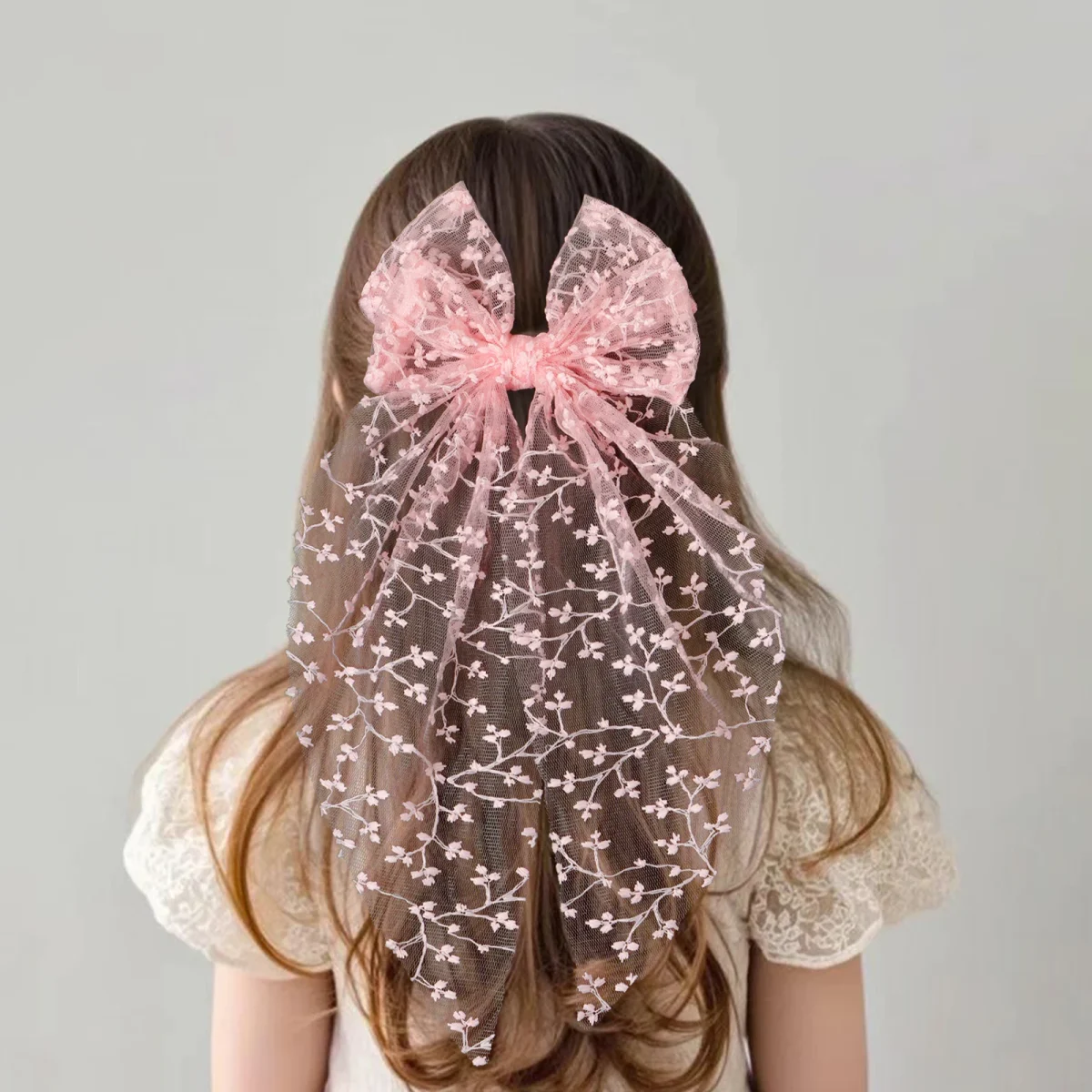 1pc Girls Wedding Decor Embroidery Lace Bow Long Tail Hair Accessory Kids Party Wear Hair Clip Teenage Fahion Ponytail Barrettes - Image 1