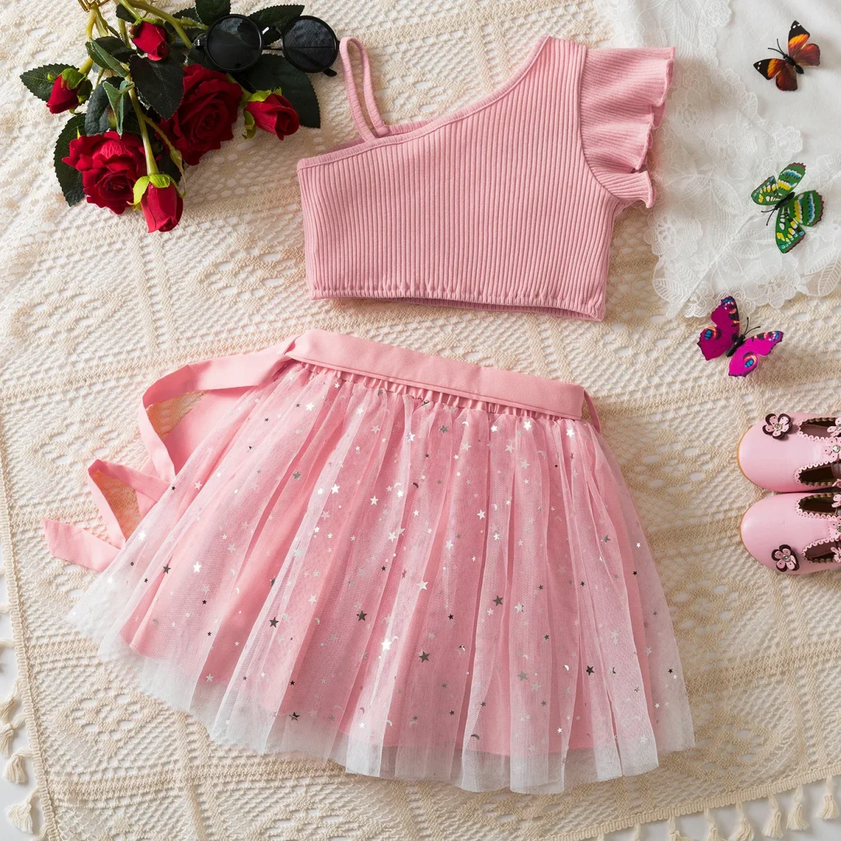 Sweet Girls Clothes Set 3-8 Yrs Off Shoulder Top and Star Sequin Skirt Summer Outfits Children's Causal Birthday Clothing Suit - Image 3