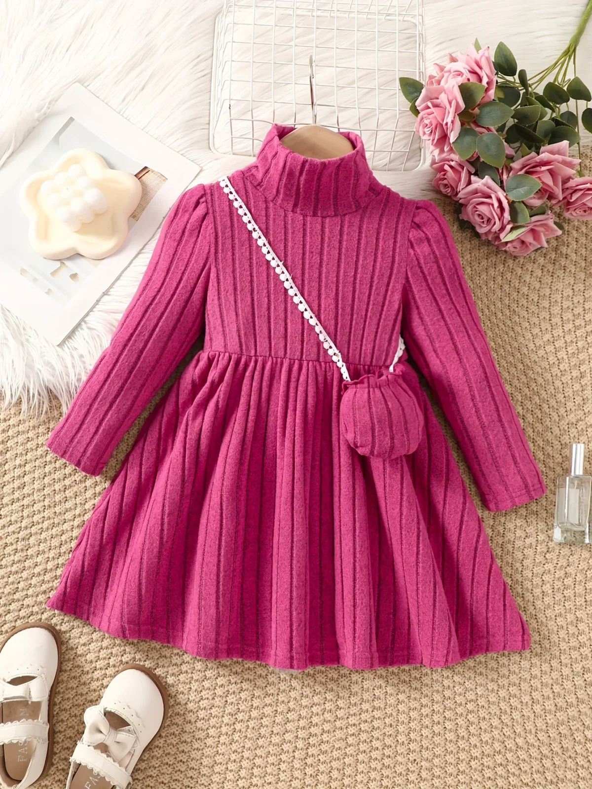 Girls' dress with soft texture fabric, high neck dress, small bag accessories, long sleeved dress, worn by 4-7 years old - Image 1