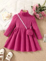 Girls' dress with soft texture fabric, high neck dress, small bag accessories, long sleeved dress, worn by 4-7 years old