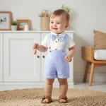 Baby Boy Gentleman Outfit Solid Color Short Sleeve Lapel Neck Romper with Stripe Suspender Shorts Bowtie Boys Summer Clothes - Image 5
