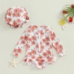 Baby Girls Swimsuit Long Sleeve Flower Print Zipped Bikini with Hat Newborn Swimwear for Summer Kids Bathing Suits