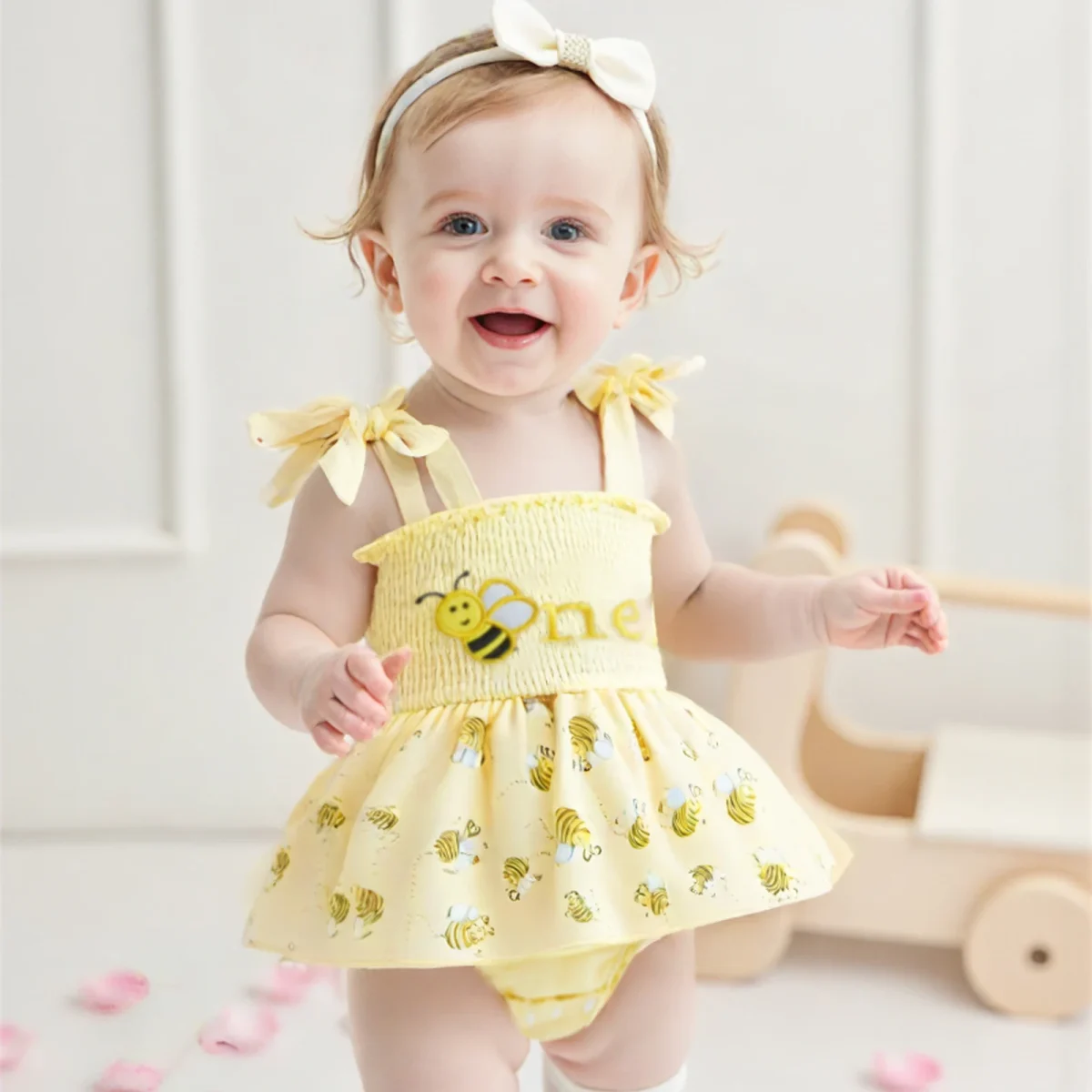 Baby Girls Birthday Clothes Letter Embroidery Skirt Hem Tie-Up Shoulder Straps Bodysuits with Headband - Image 2