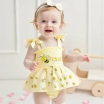 Baby Girls Birthday Clothes Letter Embroidery Skirt Hem Tie-Up Shoulder Straps Bodysuits with Headband - Image 2