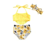Toddler Girls 3 Piece Swimsuits Solid Color Tassel Tops Strawberry/Flower Print Shorts Headband Split Bathing Suit Swimwear Set - Image 7