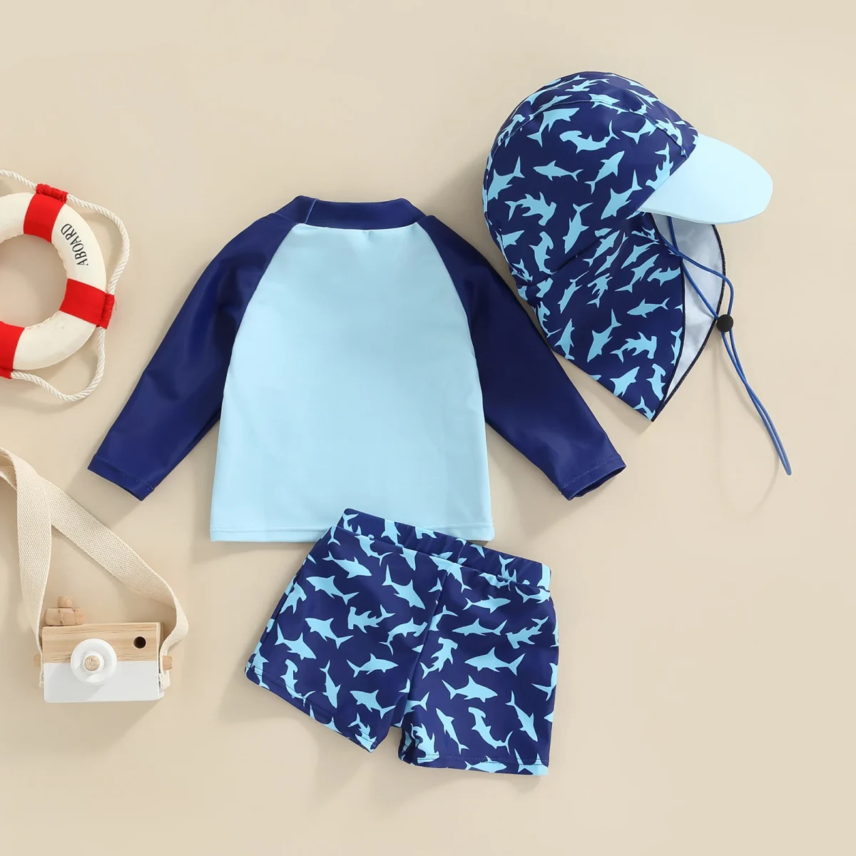 Citgeett Summer Kid Boy Swimsuit Cartoon Striped Print Beach Long Sleeve Tops + Shorts + Hat Clothes - Image 3