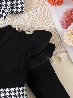 2PCS In Autumn, Baby Girls Aged 0-1 Years Old Have Comfortable Sweet And Cute Black Top + Houndstooth Skirt + Hair Band - Image 3