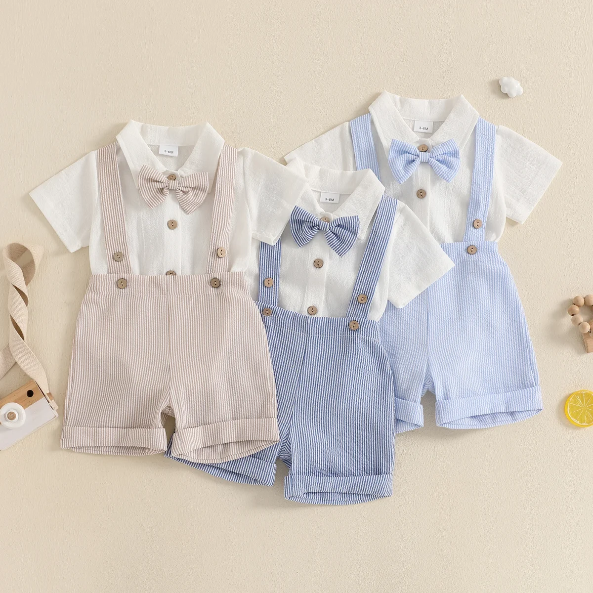 Baby Boy Gentleman Outfit Solid Color Short Sleeve Lapel Neck Romper with Stripe Suspender Shorts Bowtie Boys Summer Clothes - Image 1
