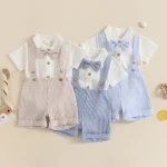 Baby Boy Gentleman Outfit Solid Color Short Sleeve Lapel Neck Romper with Stripe Suspender Shorts Bowtie Boys Summer Clothes