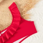 Bikini Girls Kids Swimsuits One Shoulder Ruffles Swimwear Solid Color Backless Bathing Suit - Image 4